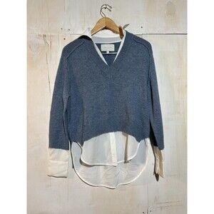 Brochu Walker Layered Sweater Collared in Skye Blue Wool Cashmere Women’s S